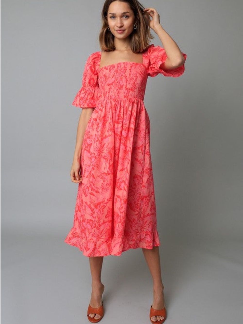 Olivaceous Pink Floral Smocked Midi Dress | Size Medium | Never Worn